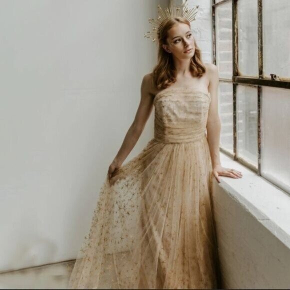 NWT BHLDN x Joanna August Brenda Star Strapless Midi Dress 8 Gold Bridal Tulle - Picture 1 of 14